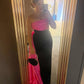 Pink Black Contrast Color Stitching Maxi Satin Long Ball Gown Evening Dress nv2736