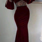 Red retro elegant beaded long sleeves long slim Velvet ball gown evening dress party dress nv2594