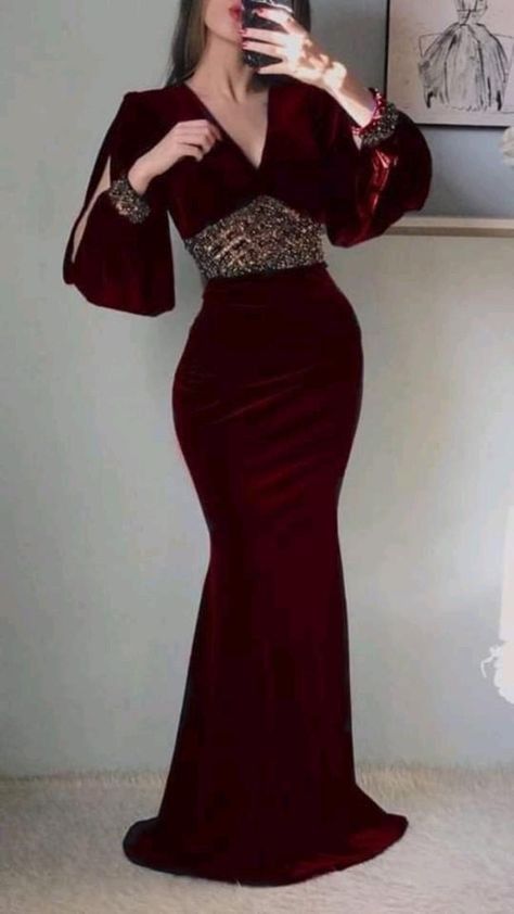 Red retro elegant beaded long sleeves long slim Velvet ball gown evening dress party dress nv2594