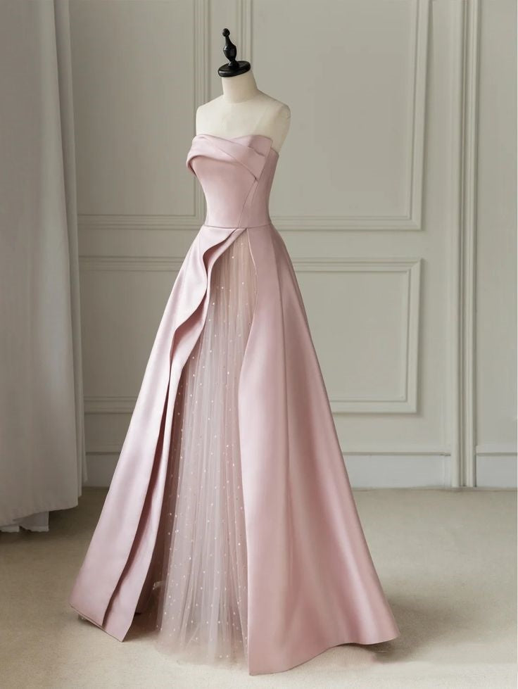 Rosa Elegantes Charmantes Süßes Satin Tüll Langes Ballkleid Formelle Brautjungfernkleider Abendkleid Partykleid nv2467