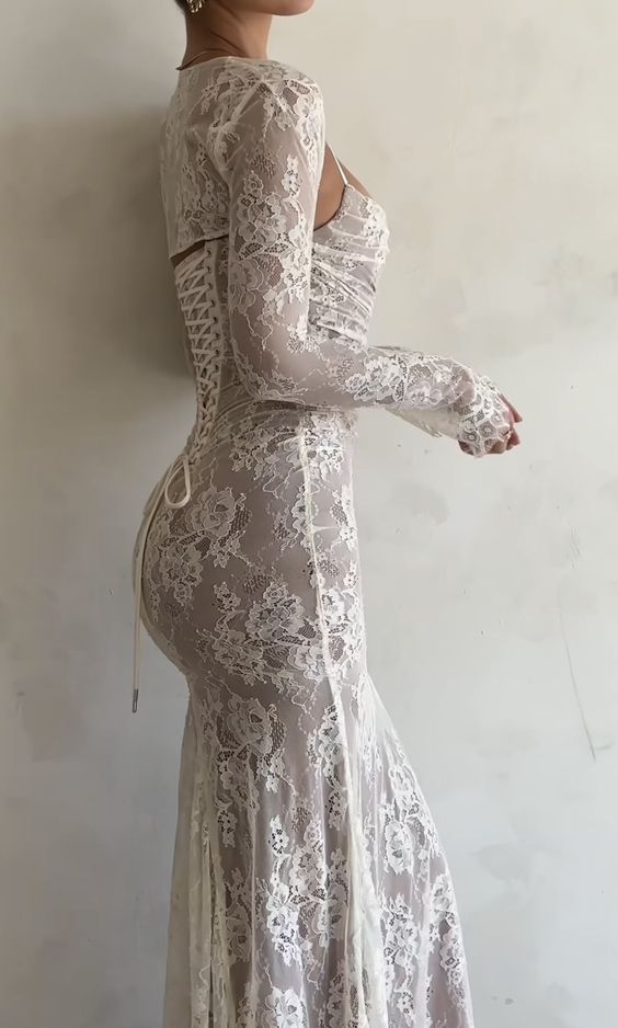 Off-white Elegant Lace Bodycon Dress Long Birthday Party Dress Evening Dress Maxi Dress nv2728