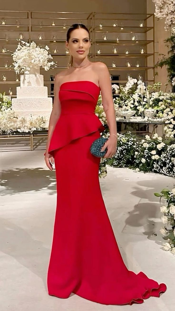 Red stylish elegant tube top ruffled long floor-length ball gown evening dress nv2958