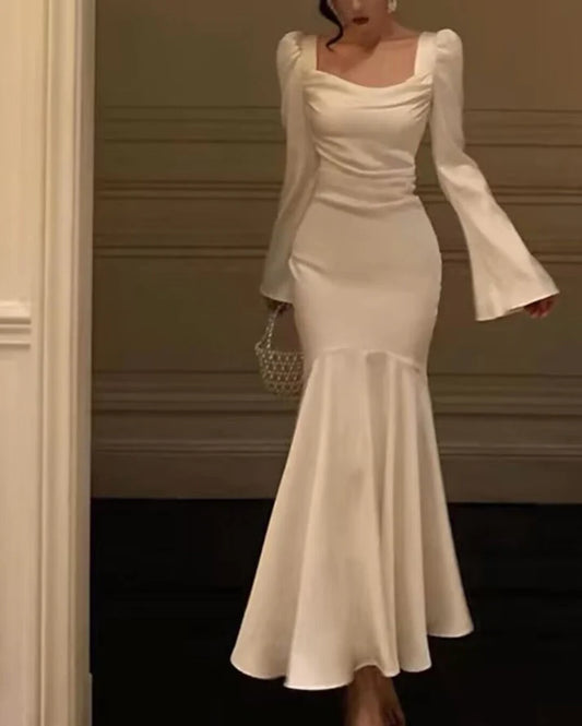 Robe de soirée longue sirène blanche à manches longues, élégante robe de soirée nv2309