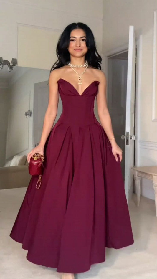 Burgundy A-line/Princess V-neck Floor-length  Long Ball Gown Evening Dress nv1933