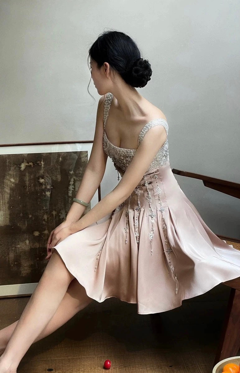 Pink stylish elegant shoulder strap exquisite handmade beaded long/Short satin floor-length prom dress, evening dress, party dress, homecoming dress nv3693