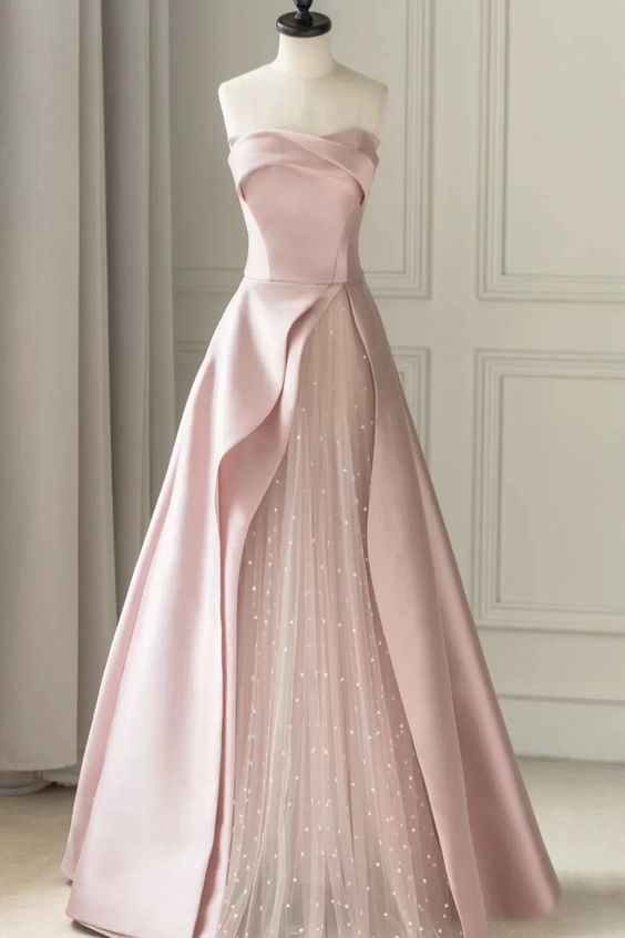 Rosa Elegantes Charmantes Süßes Satin Tüll Langes Ballkleid Formelle Brautjungfernkleider Abendkleid Partykleid nv2467