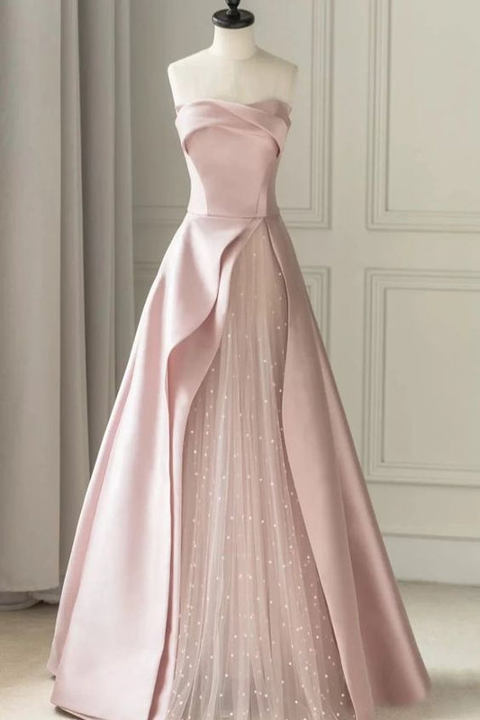 Pink Elegant Charming Cute Satin Tulle Long Prom Dress Formal Bridesmaid Dresses Evening Dress Party Dress nv2467