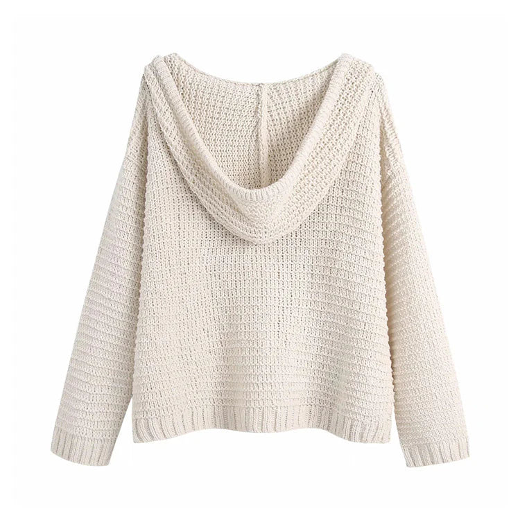 Beige new retro fashion long-sleeved solid color hooded loose knit sweater top 2