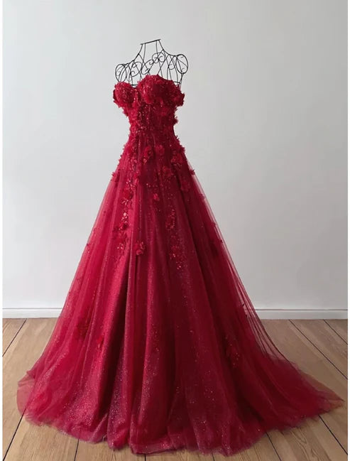 Robe de soirée longue élégante en tulle rose/violet/rouge à fleurs exquises et à épaules dénudées nv3306