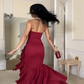 Fashionable and charming red off-the-shoulder tiered ruffled long ball gown evening dress nv1864