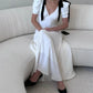 White V-neck Black Bow Short Sleeve Slim Fit Long Ball Gown Evening Dress nv2047