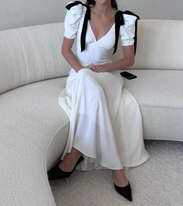 White V-neck Black Bow Short Sleeve Slim Fit Long Ball Gown Evening Dress nv2047