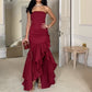 Fashionable and charming red off-the-shoulder tiered ruffled long ball gown evening dress nv1864