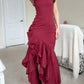 Fashionable and charming red off-the-shoulder tiered ruffled long ball gown evening dress nv1864