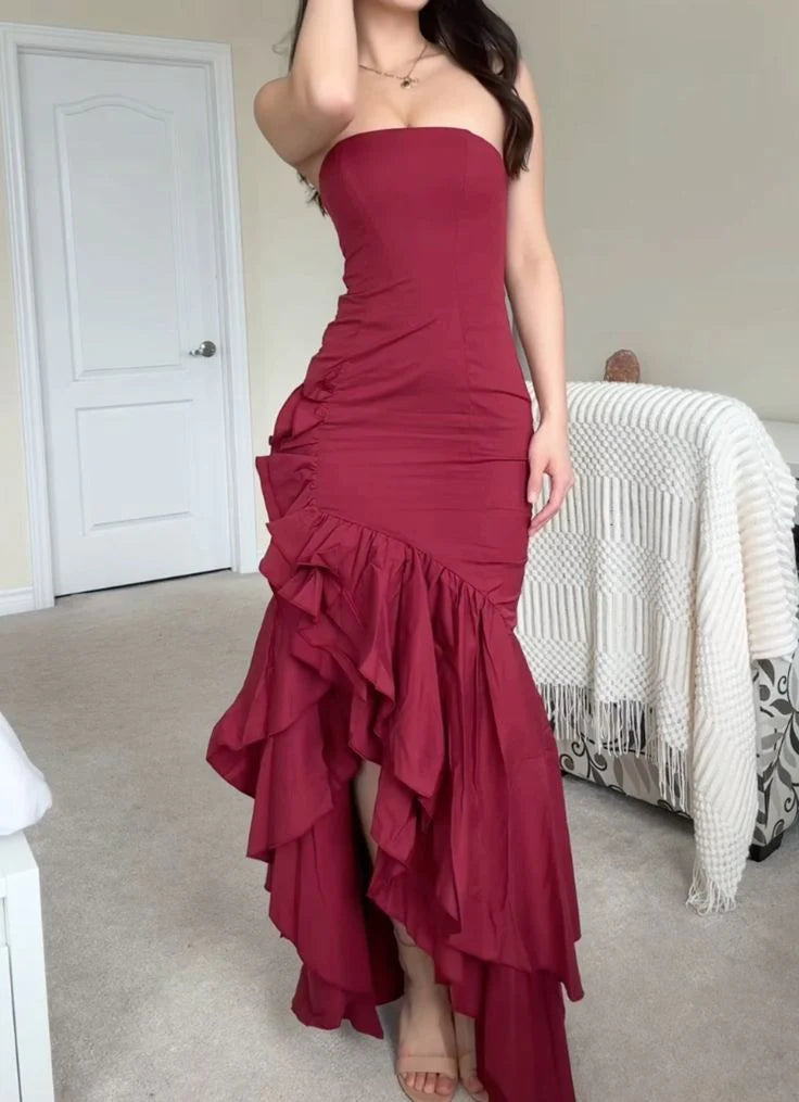 Fashionable and charming red off-the-shoulder tiered ruffled long ball gown evening dress nv1864