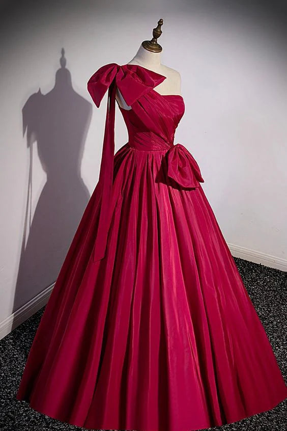 Hot Pink Satin One Shoulder Bow Long Ball Gown Evening Dress nv1904