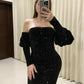 Black Sequin Elegant Bodycon Homecoming Dress with Sleeves Short Party Dress nv1896