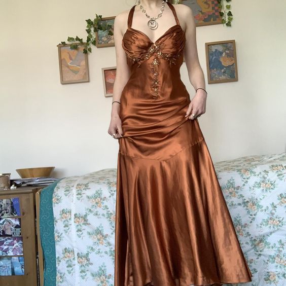 Brown Backless A-Line Satin Long Prom Dress Vintage Formal Party Dress Evening Gown nv1899