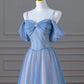 Blue tulle sequined spaghetti strap beaded A-line ball gown evening dress nv1908