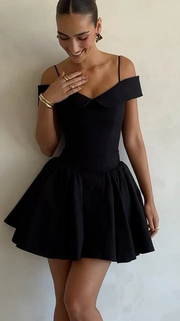 Black Off Shoulder Spaghetti Strap A-Line Short Prom Dress Homecoming Dress Birthday Dress nv2152