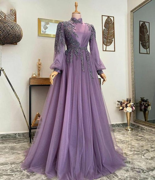 Purple A-line simple and elegant tulle slim fit long sleeves long ball gown evening dress nv2066