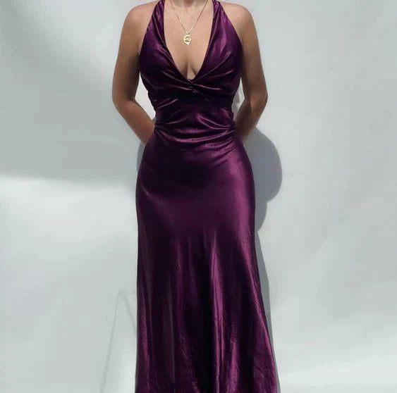 Dark Purple Elegant V Neck Backless Vintage Ball Gown Evening Dress nv1932