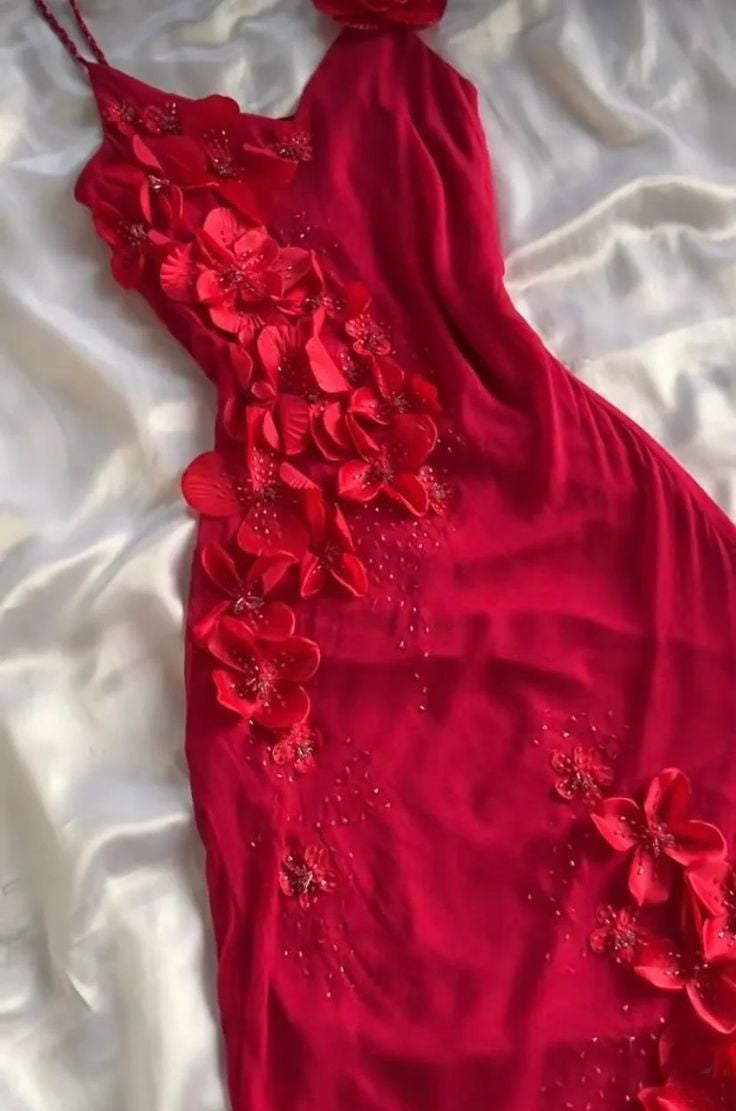 Robe de soirée longue et sexy en mousseline de soie, bretelles spaghetti rouges, fleurs, élégante, moulante, sans manches, robe de bal, robe de soirée nv3261