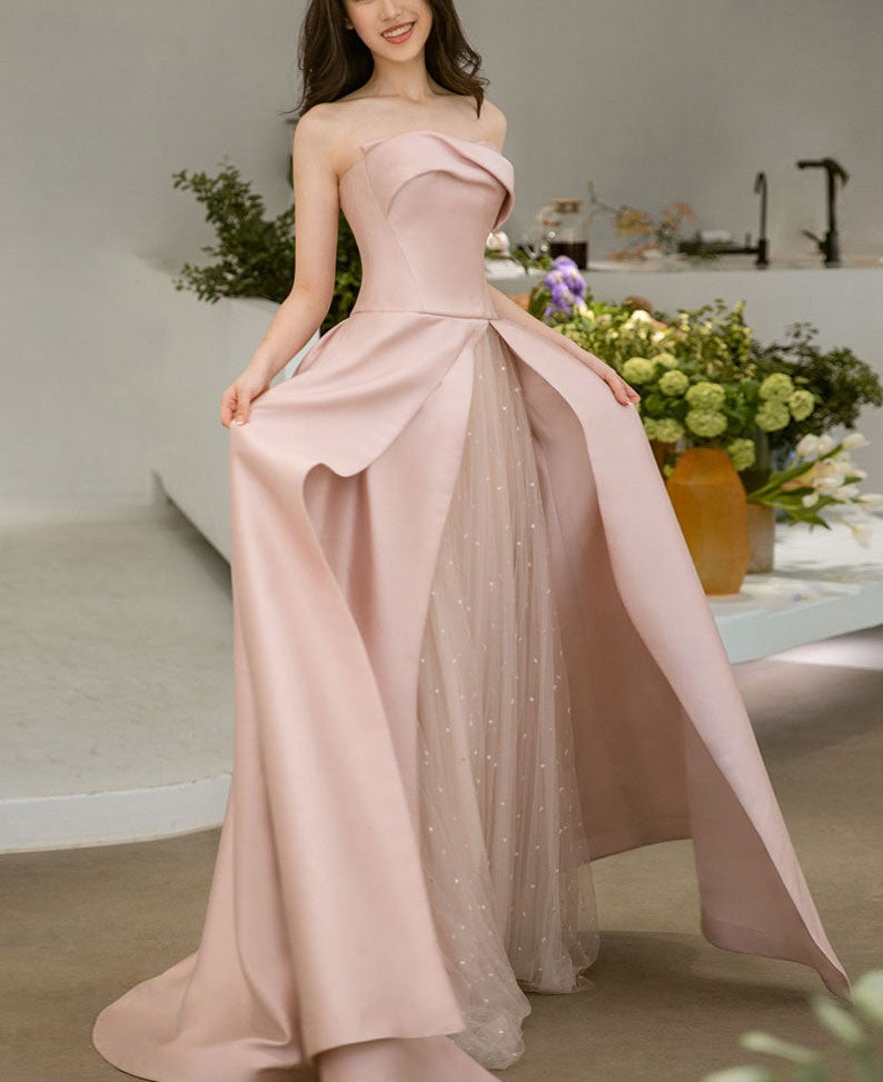 Robe de soirée longue en satin rose élégante et charmante, en tulle, pour demoiselle d'honneur, nv2467