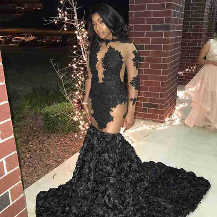 Black sexy elegant mermaid see-through long tail long sleeve ruffled ball gown evening dress nv3227