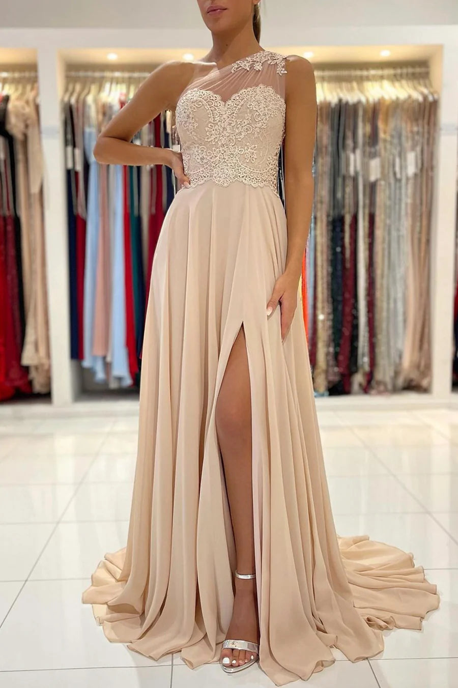 Champagne Chiffon Long Prom Dresses, One Shoulder Evening Dresses nv1465