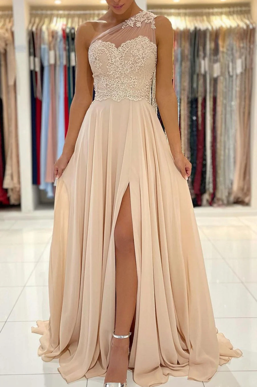 Champagne Chiffon Long Prom Dresses, One Shoulder Evening Dresses nv1465