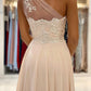 Champagne Chiffon Long Prom Dresses, One Shoulder Evening Dresses nv1465