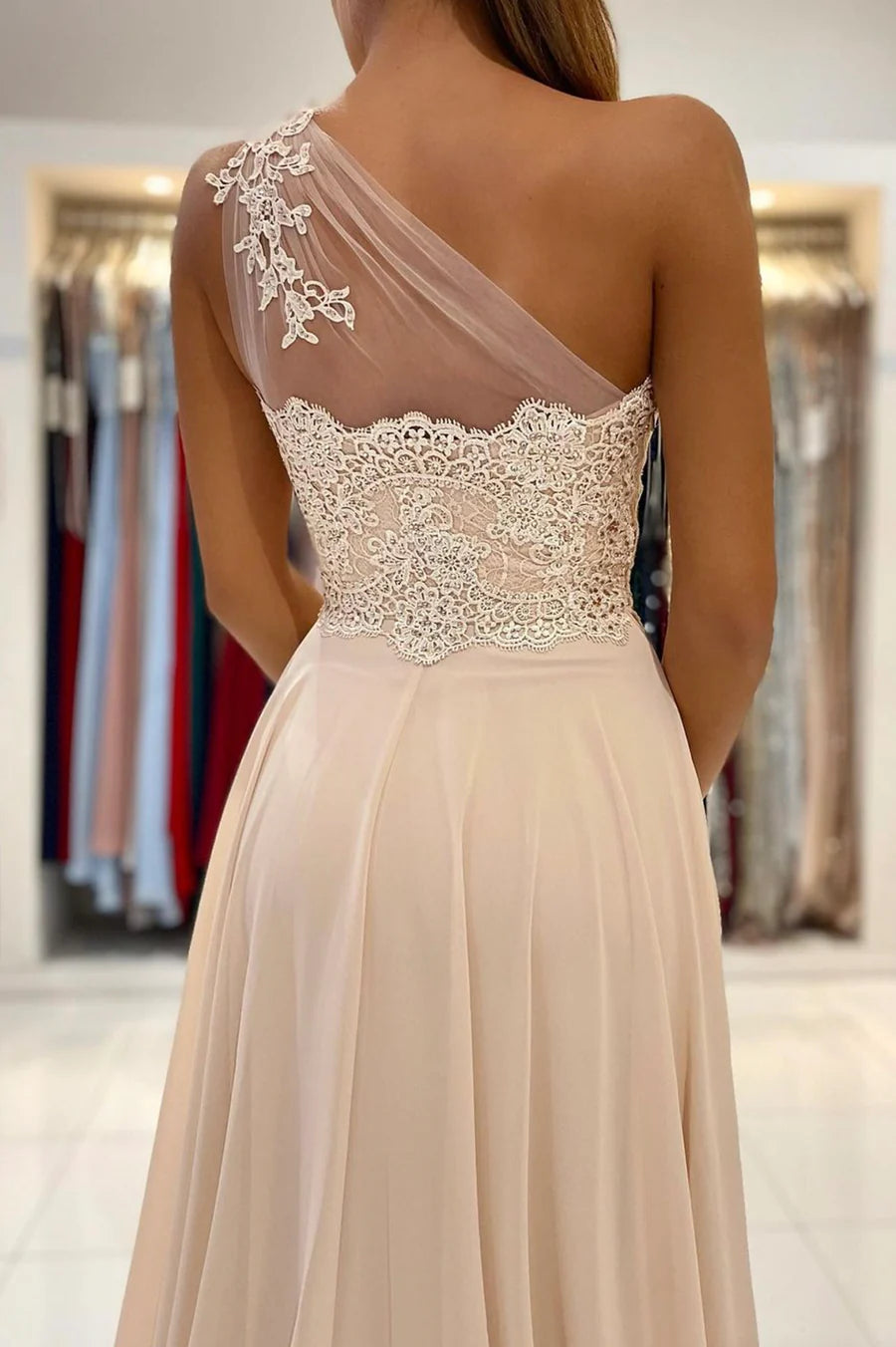 Champagne Chiffon Long Prom Dresses, One Shoulder Evening Dresses nv1465