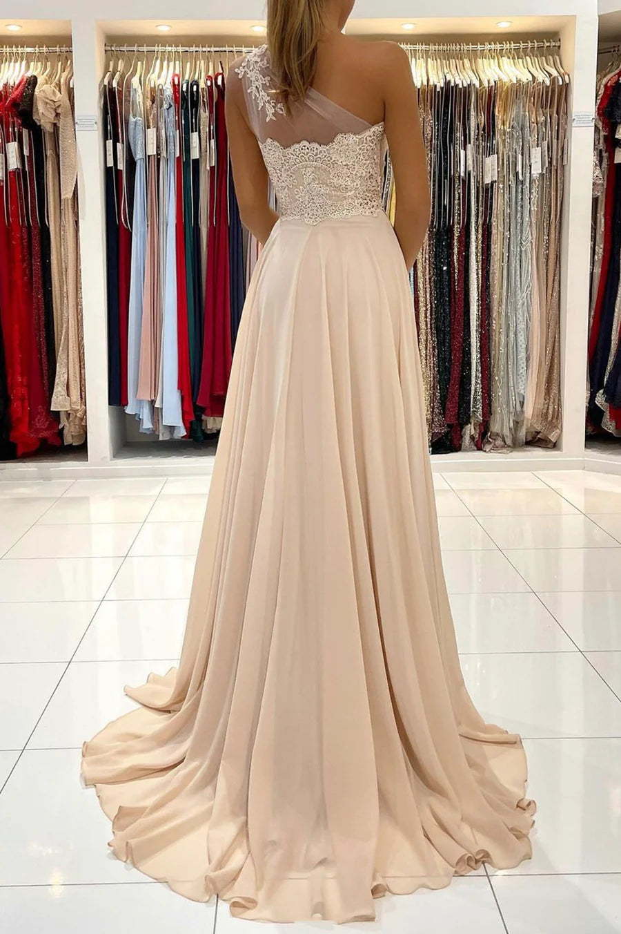 Champagne Chiffon Long Prom Dresses, One Shoulder Evening Dresses nv1465