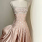 Pink stylish elegant shoulder strap exquisite handmade beaded long/Short satin floor-length prom dress, evening dress, party dress, homecoming dress nv3693