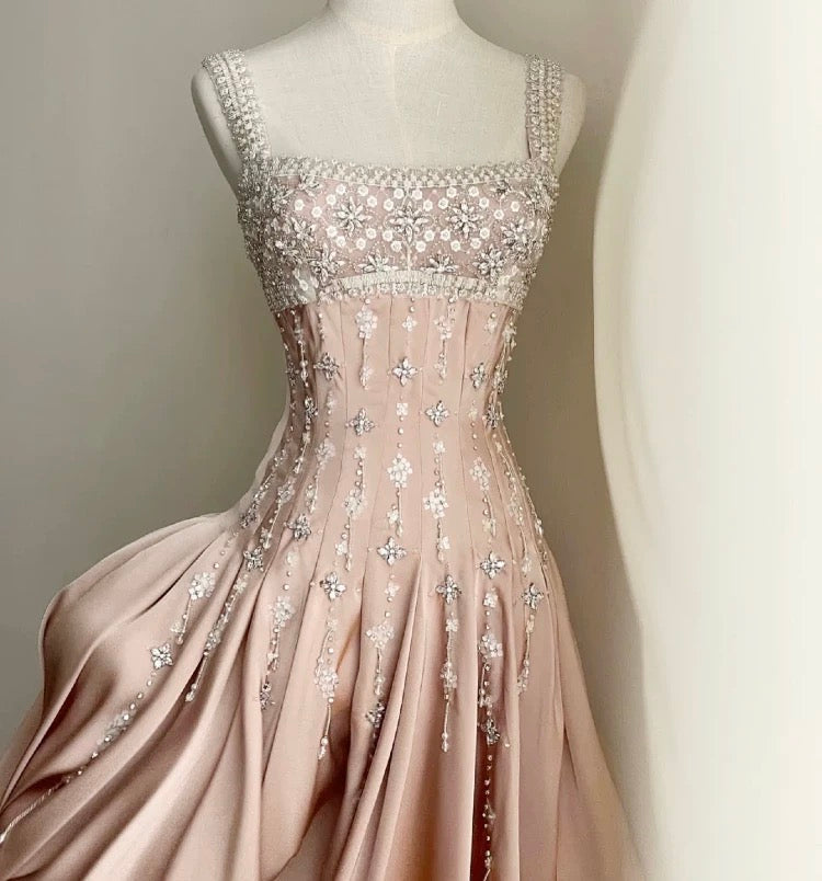 Pink stylish elegant shoulder strap exquisite handmade beaded long/Short satin floor-length prom dress, evening dress, party dress, homecoming dress nv3693