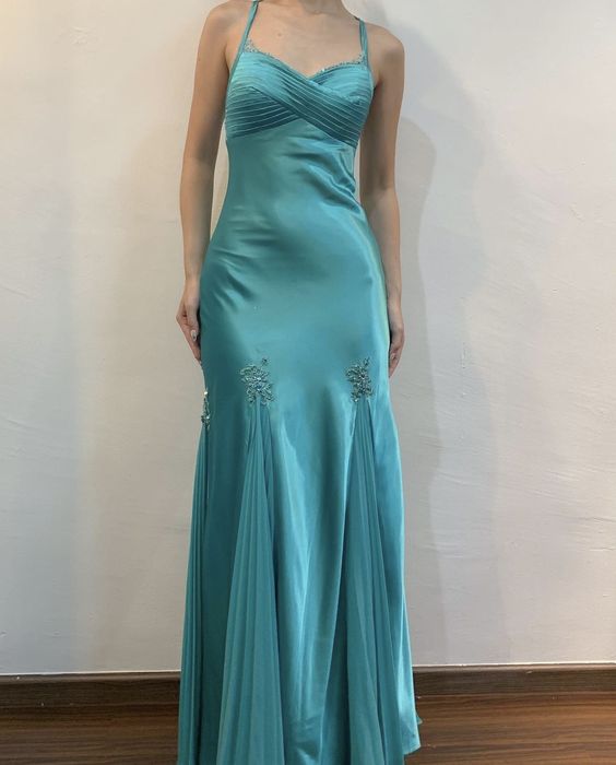 Blue simple elegant rhinestone beads spaghetti strap long ball gown evening dress nv2763