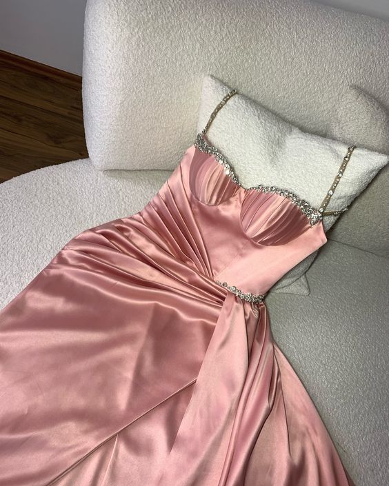 Pink Elegant Sweet Heart-Shaped Neck Rhinestone Spaghetti Straps Long Ball Gown Evening Dress nv2765