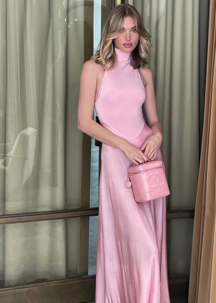 Pink solid color simple high collar fashion long birthday dress prom dress homecoming dress evening dress nv2193