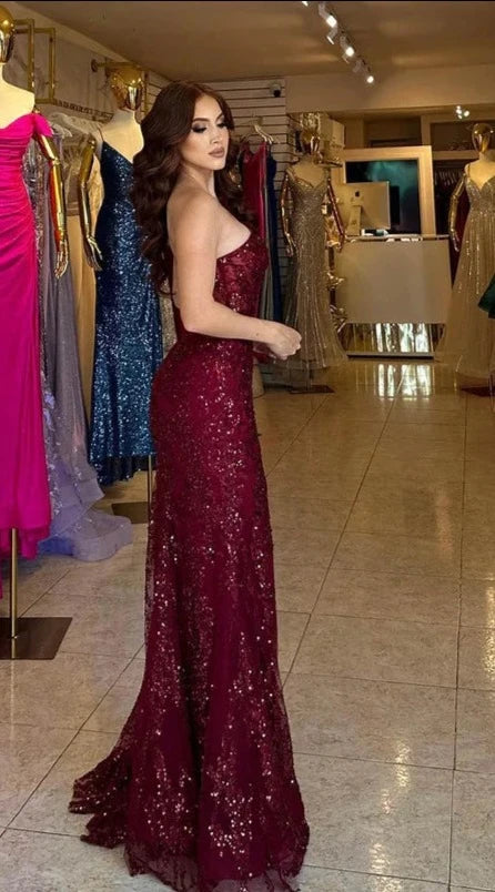 Burgundy sexy hot one-shoulder sleeveless sequined applique ball gown nv1760