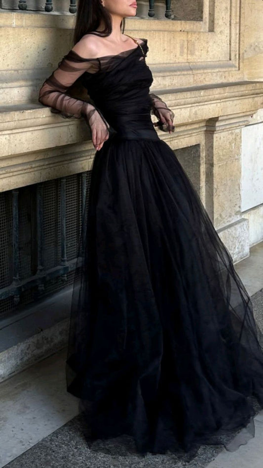 Black Elegant A-line Off-shoulder Tulle Long Ball Gown Evening Dress nv2746