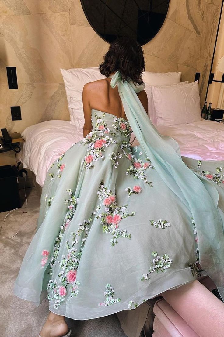 Wunderschönes, exquisites A-Linien-Abendkleid aus Tüll mit Blumenstickerei-Applikation in Grün, Abendkleid, Partykleid, nv3439