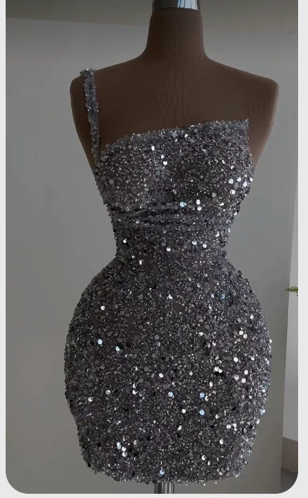 Silver Gorgeous Shiny Sequins One Shoulder Fashion Short Mini Party Dress Evening Gown nv3001