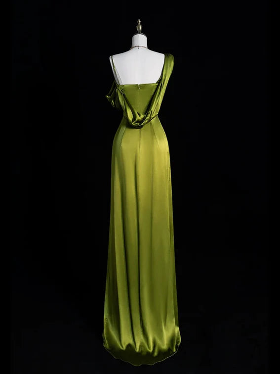 Robe de soirée longue fendue en satin vert doux à une épaule vintage A-Line nv3366