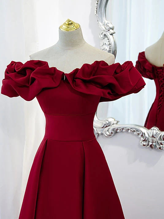 Burgundy Red A-Line Off Shoulder Satin Short Prom Gown Homecoming Dress Birthday Dress nv2115