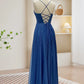 A-Line Sweetheart Neck Blue Long Prom Dress, Backless Blue Long Evening Dress nv1608