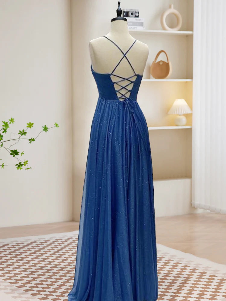 A-Line Sweetheart Neck Blue Long Prom Dress, Backless Blue Long Evening Dress nv1608