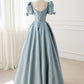 Robe de bal longue en satin bleu coupe A à manches bouffantes, robes de soirée bleues nv1726