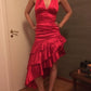 Red Fashion Strapless Long Satin Ruffle Ball Gown Evening Dress Party Dress nv3608