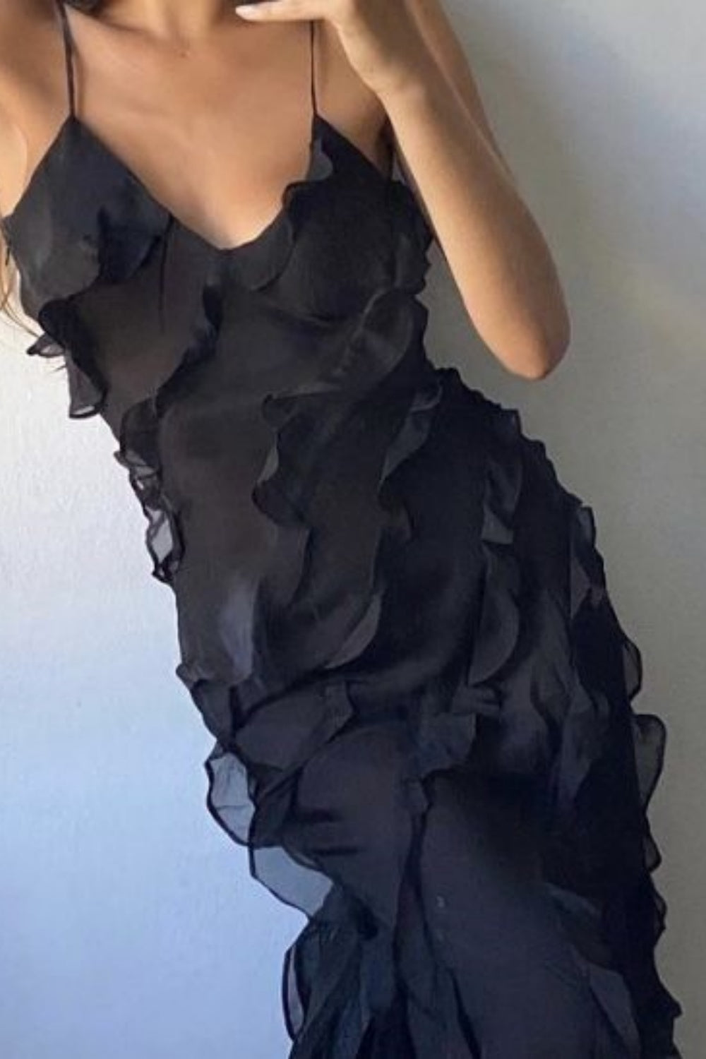 Black Fashion Elegant Ruffle Long Mermaid Slim Tulle Ball Gown Evening Dress Wedding Guest Party Dress nv3212